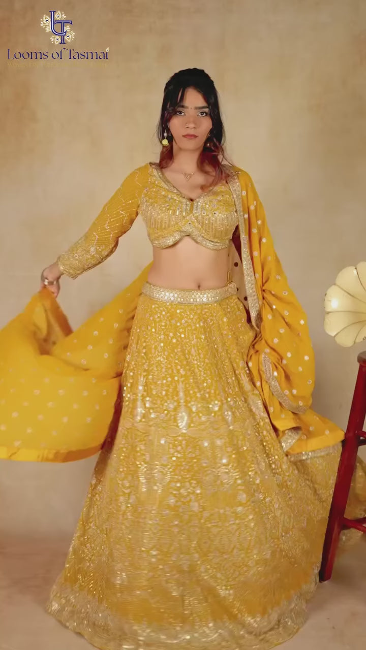 Imperial Mustard Yellow Embroidered Lehenga Set with Elegant Dupatta