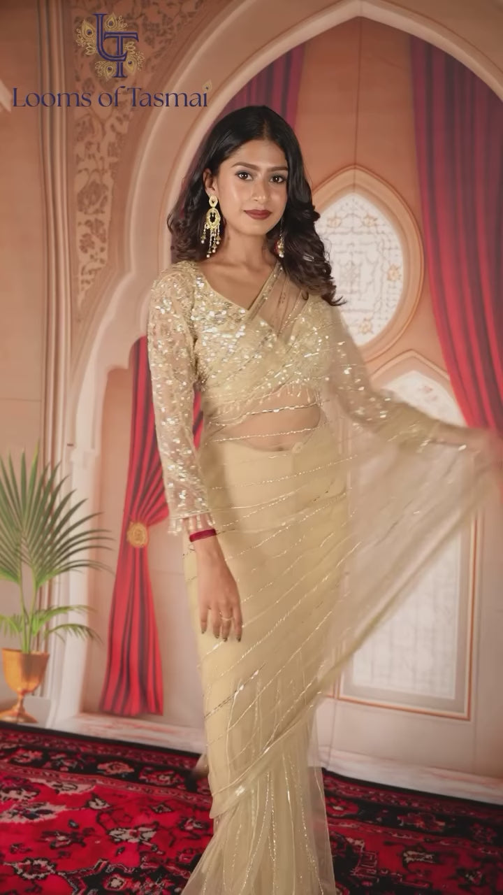 Champagne Gold Sequined Net Saree with Designer Embroidered Blouse