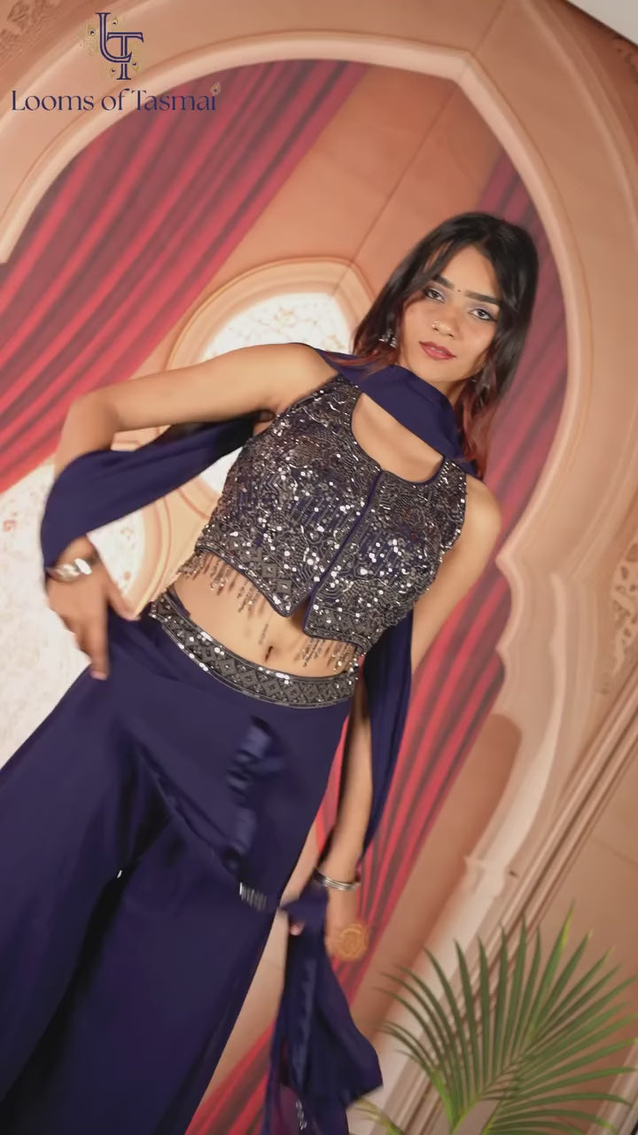 Royal Navy Embellished Halter Crop Top & Palazzo Set