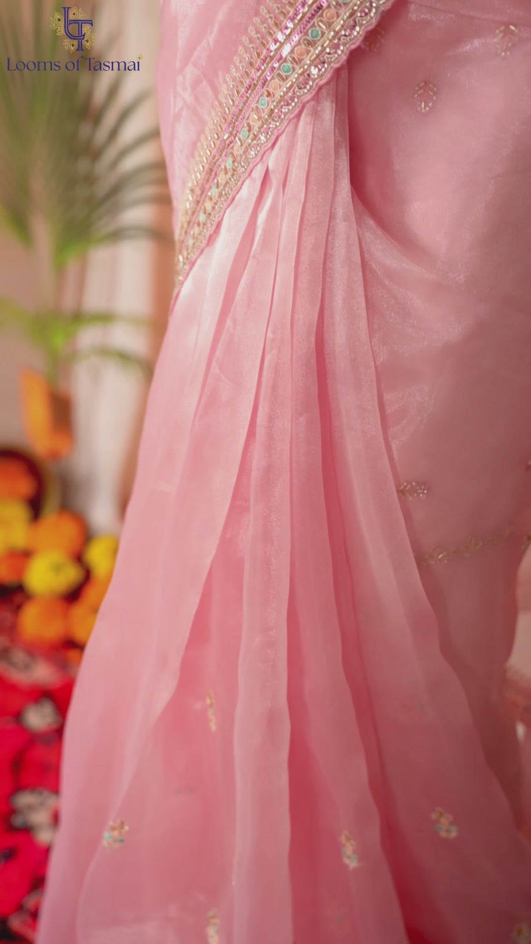 Blush Pink Organza Silk Saree with Delicate Zari Border & Embroidered Butti