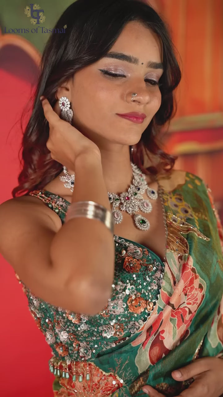 Emerald Green Floral Printed Silk Blend Saree with Embellished Designer Blouse