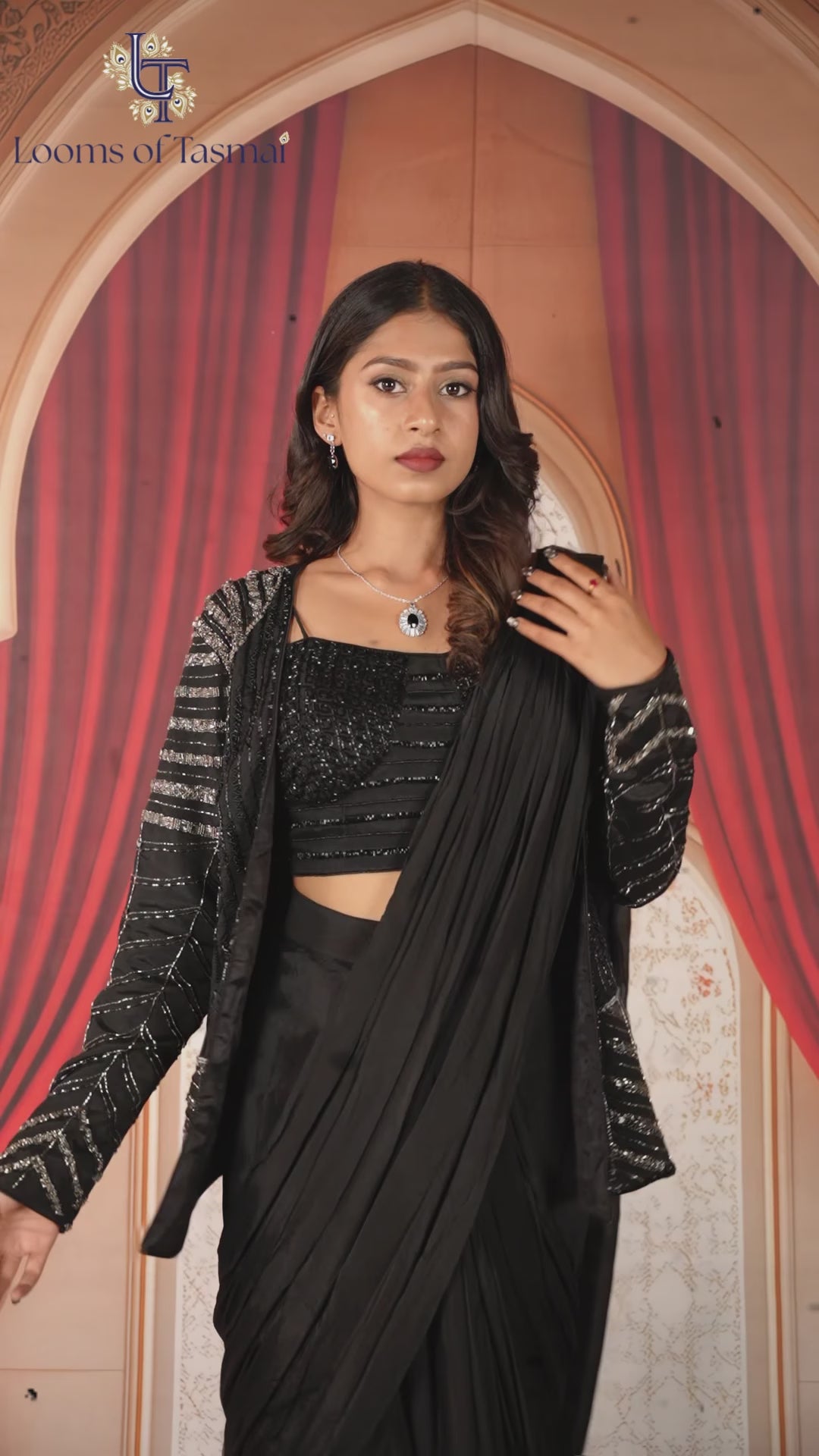 Classic Black Pre-Draped Georgette Saree with Embellished Designer Jacket