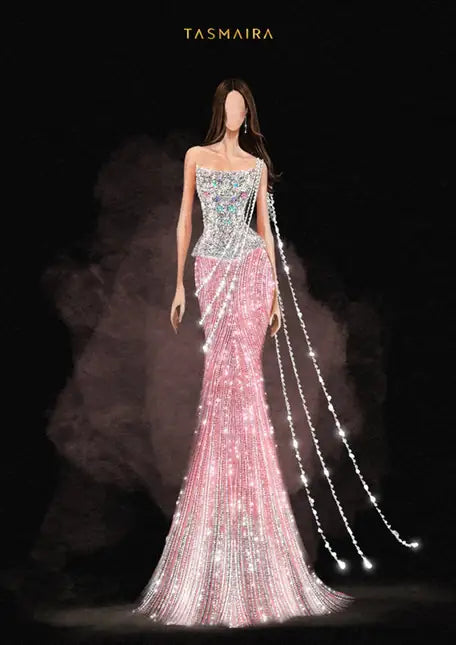 Fuchsia mikado satin ball-gown lehenga with a sequinned bodice and a crystal-edged sheer cape